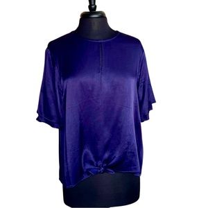 ALLISON JOY Evereve Navy Blouse Large Satin Tie Front Blue Top